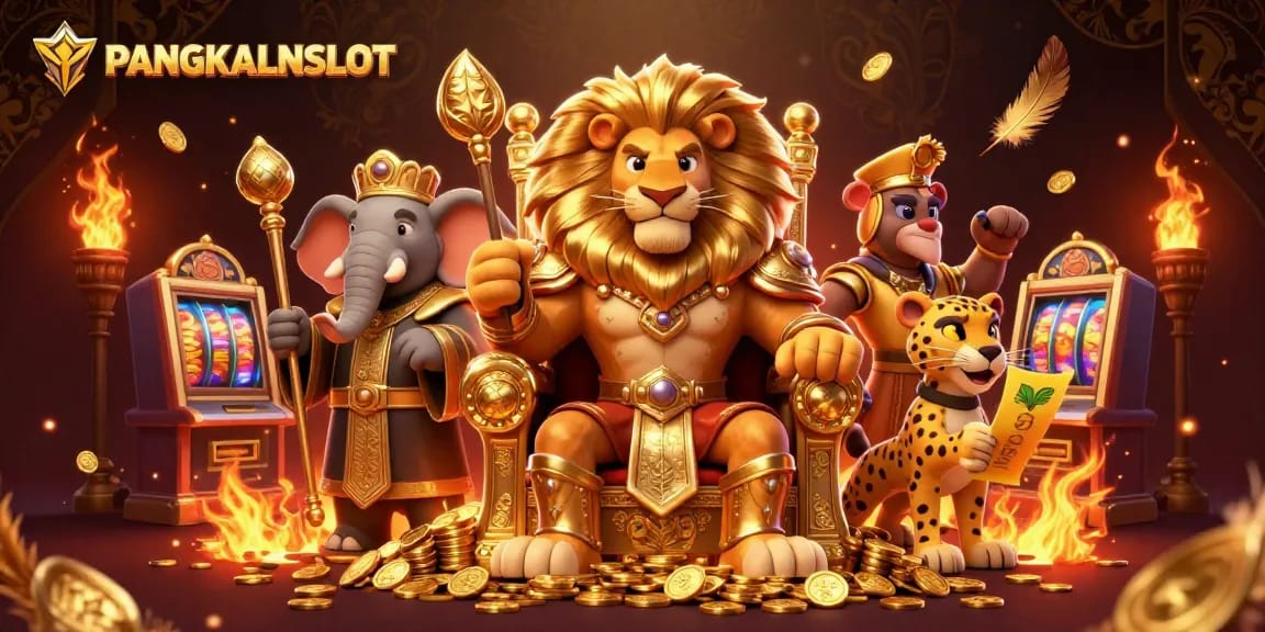 PANGKALANSLOT showcases a vibrant slot gaming scene with a royal lion, wise elephant, and swift cheetah.