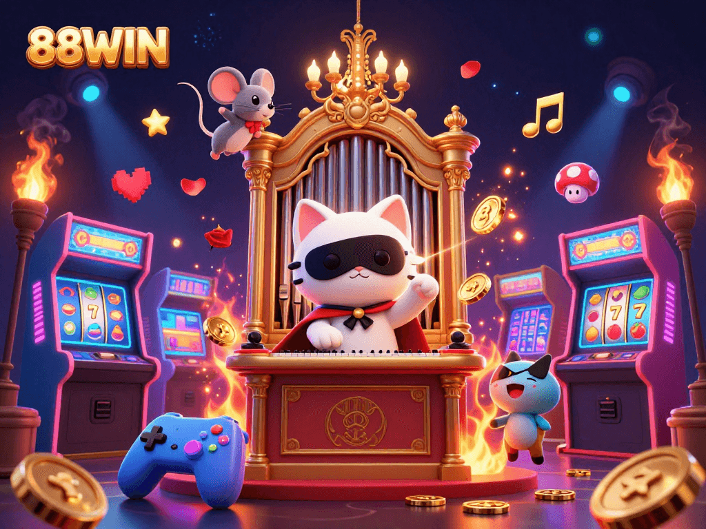 Experience thrilling gameplay at 88WIN with vibrant casino illustrations featuring slots and playful characters.