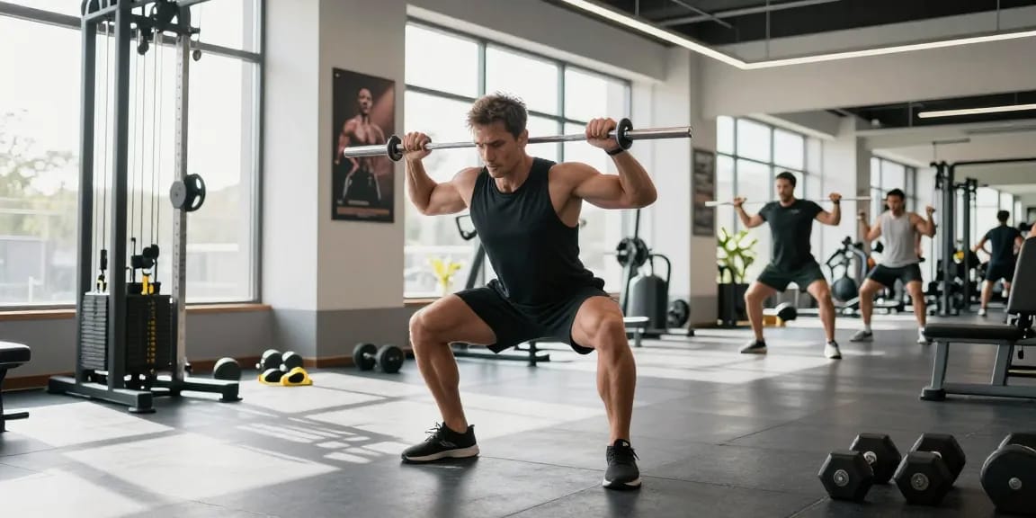 Selliza Shop: Sportler trainiert intensiv im Fitnessstudio mit Gewichten.