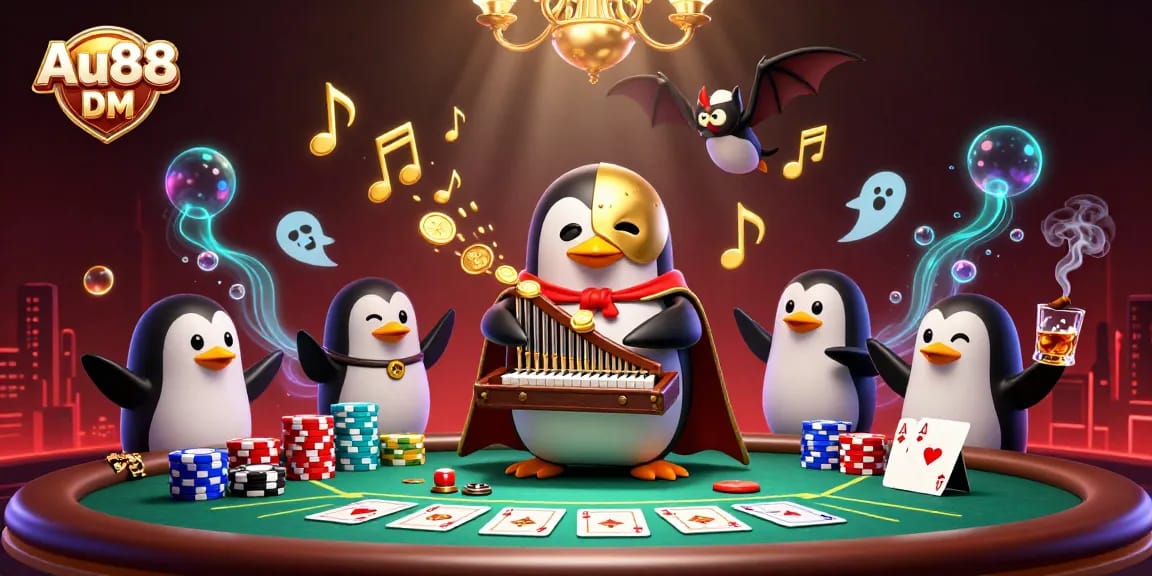 Experience thrilling action at Au88 DM with a vibrant casino scene featuring a cartoon penguin organist.