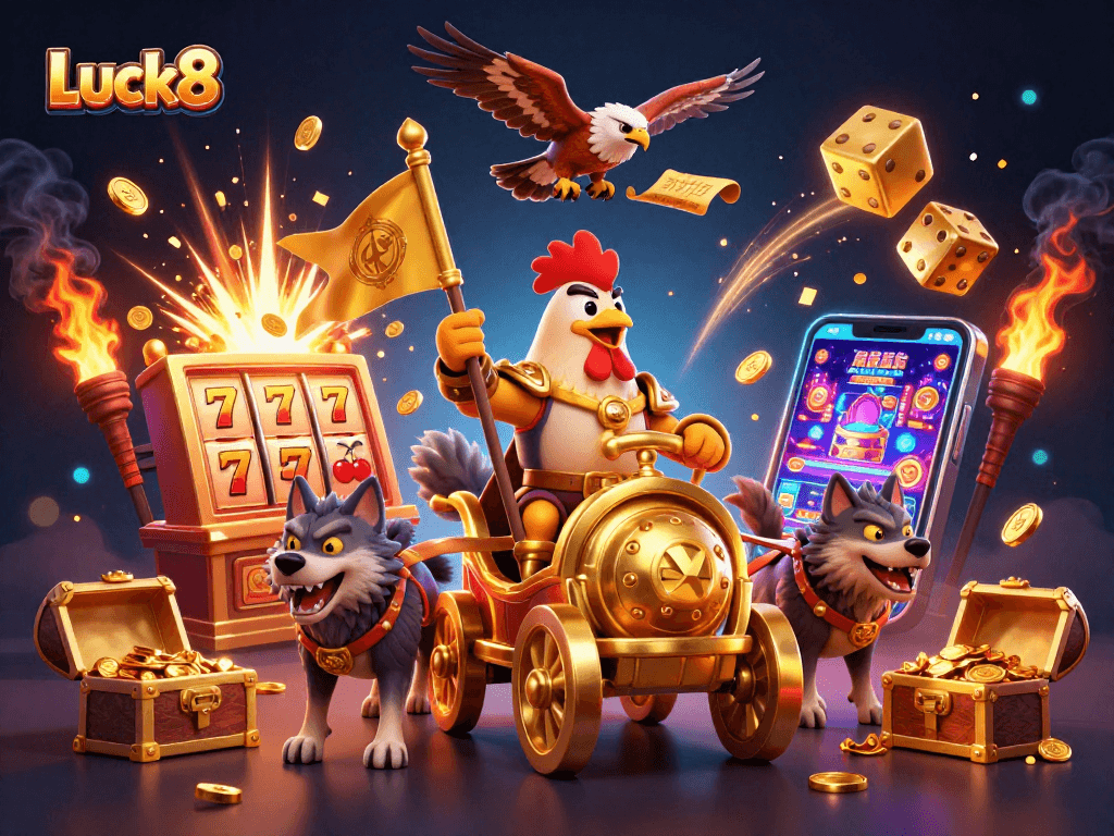 Experience Luck8's thrilling gaming scene with a rooster warlord and dynamic slots action.