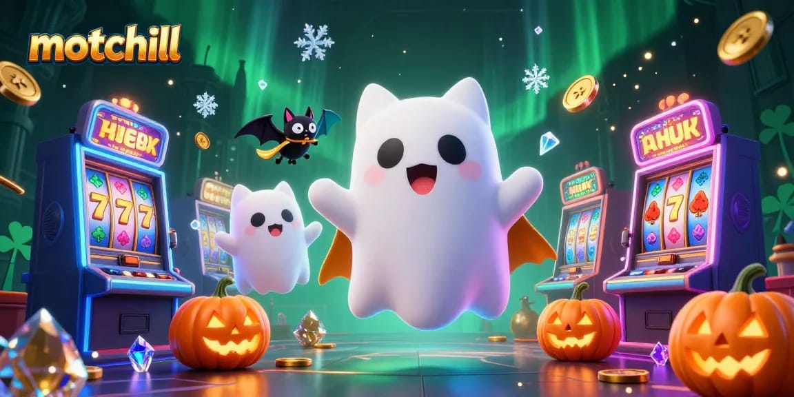 Engage with motchill's haunted casino scene featuring a ghost cat and vibrant gaming elements.