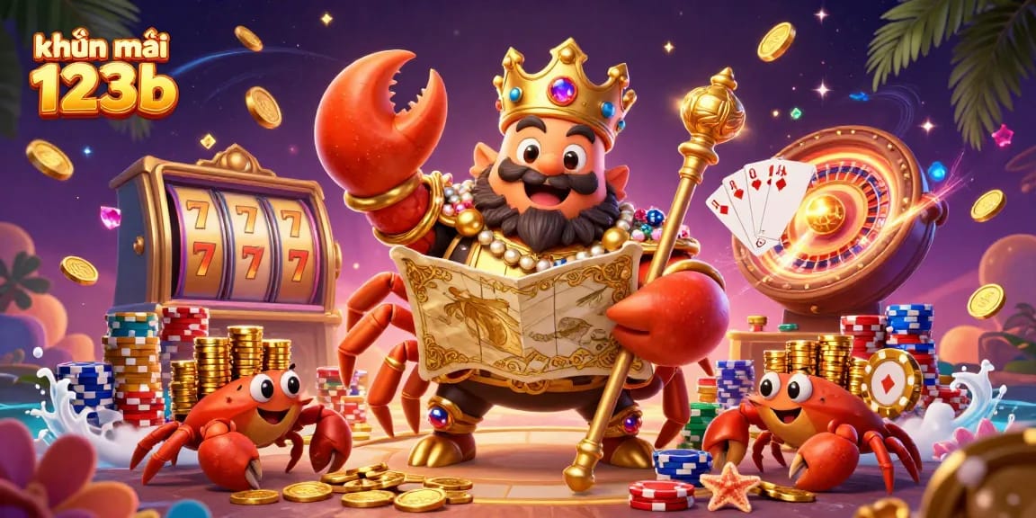 Experience the excitement of khuyến mãi 123b with a vibrant casino scene featuring a golden crab emperor.