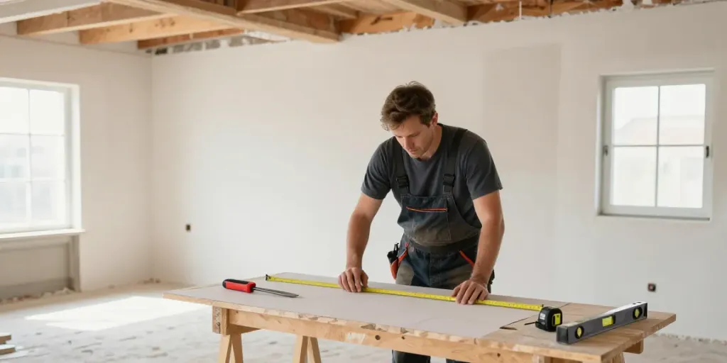 Trockenbauer Horgau bei der Montage von Trockenbauwänden in einem renovierten Wohnraum.