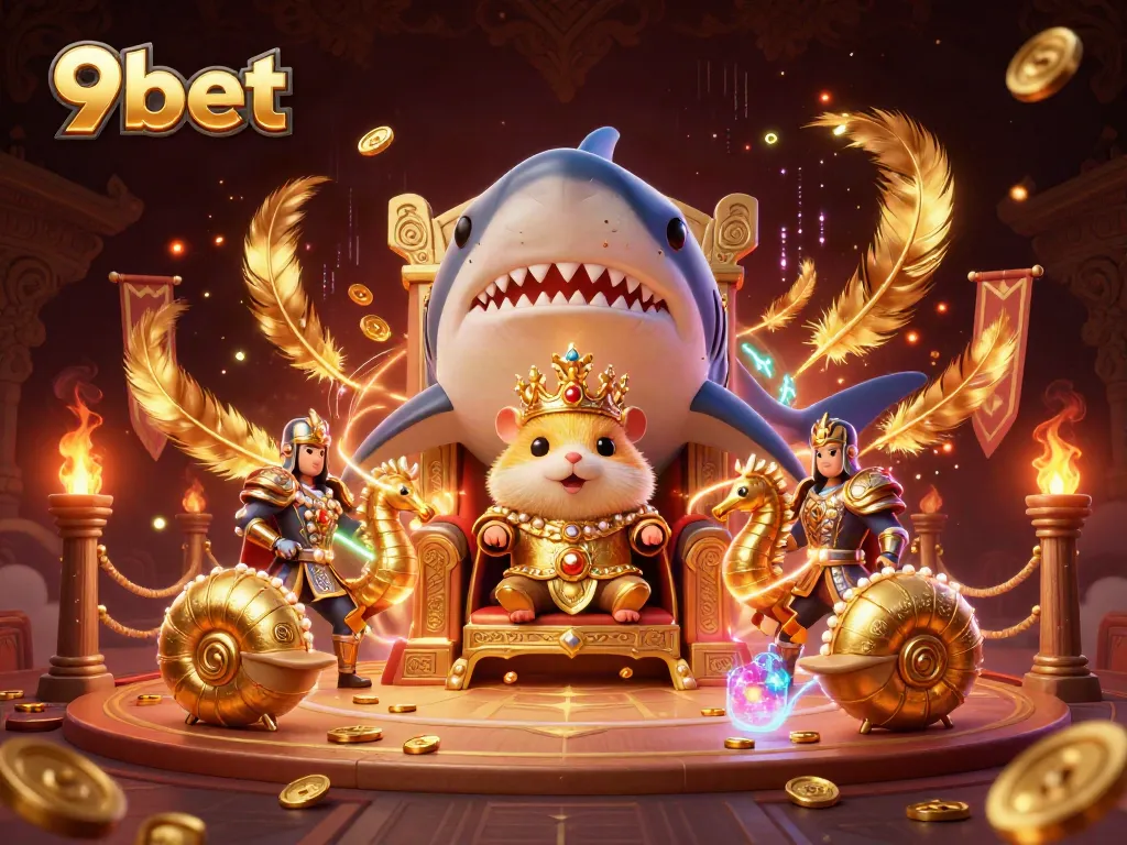 9bet showcases a golden hamster king amid casino-themed elements, capturing the thrill of gambling.