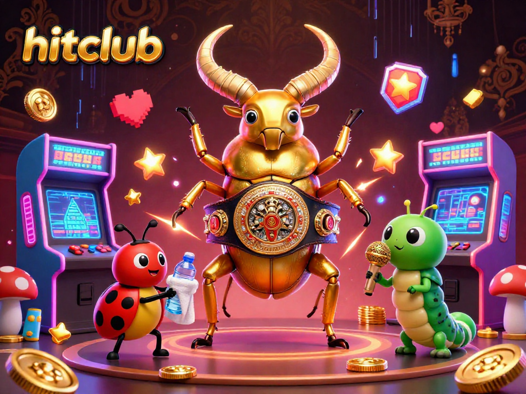 Experience the thrill of hitclub with a dynamic 3D visualization of gaming action featuring an epic beetle boxing match.