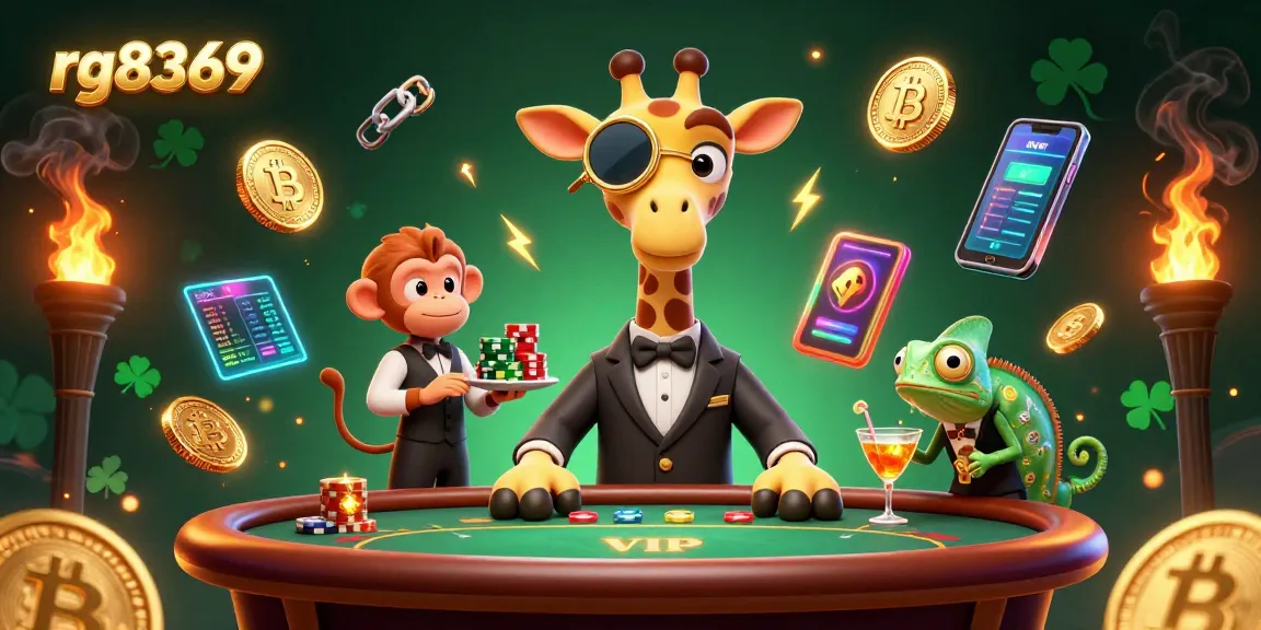 Experience the excitement of rg8369 with a giraffe at a poker table amidst dynamic 3D coins and vibrant casino elements.
