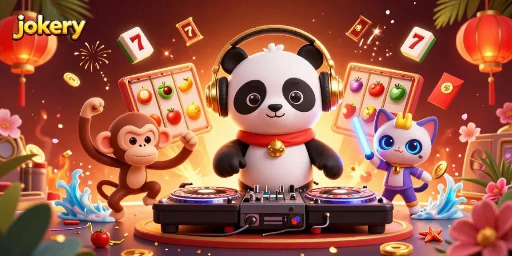 Experience the vibrant world of jokery with dynamic casino fun, featuring a DJ panda and lively characters.