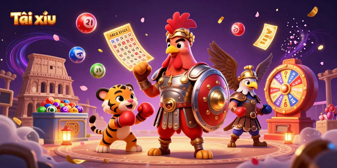 Engage in thrilling Tài xỉu action with a dynamic 3D illustration of a gladiator rooster and tiger cub in a casino setting.