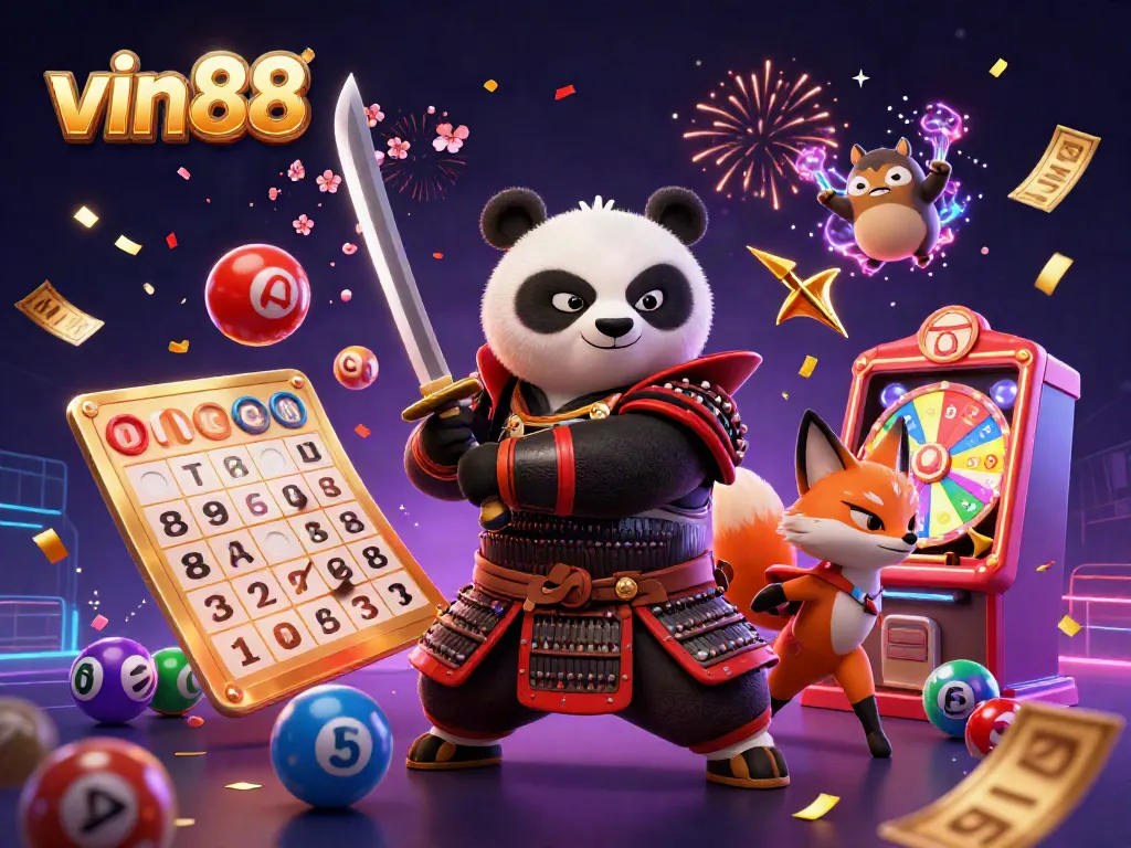 Join the dynamic vin88 online experience with a vibrant scene featuring a samurai panda and a ninja fox amid colorful gambling elements.