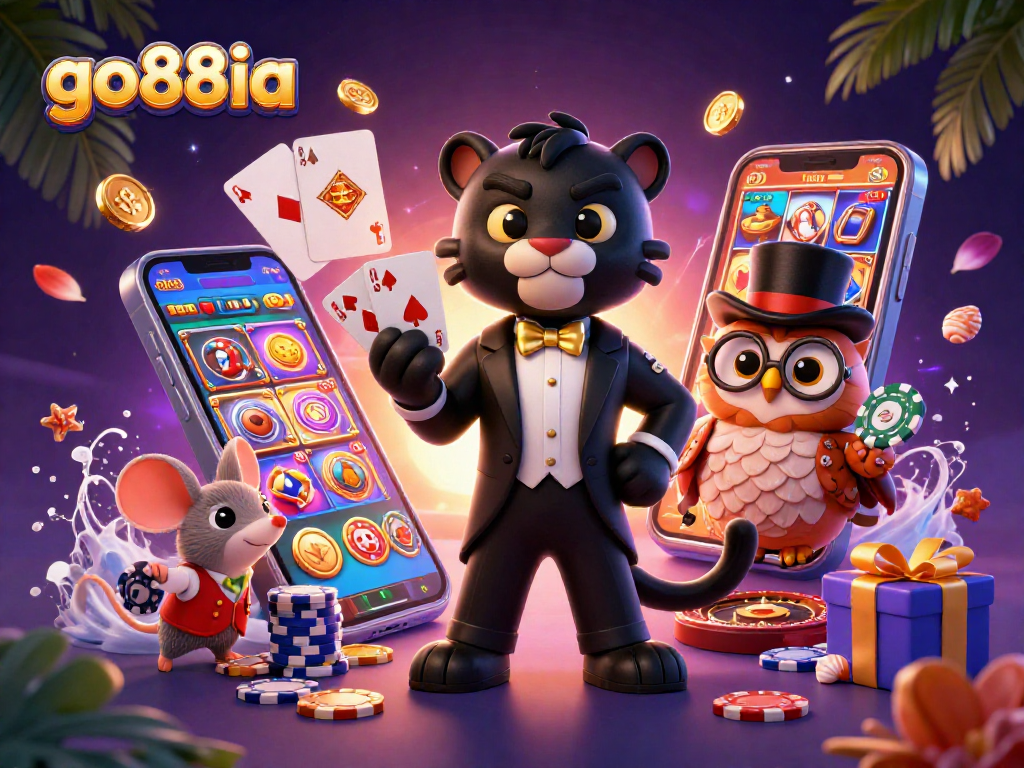Experience the thrill of go88ia with cartoon characters at a vibrant casino scene.