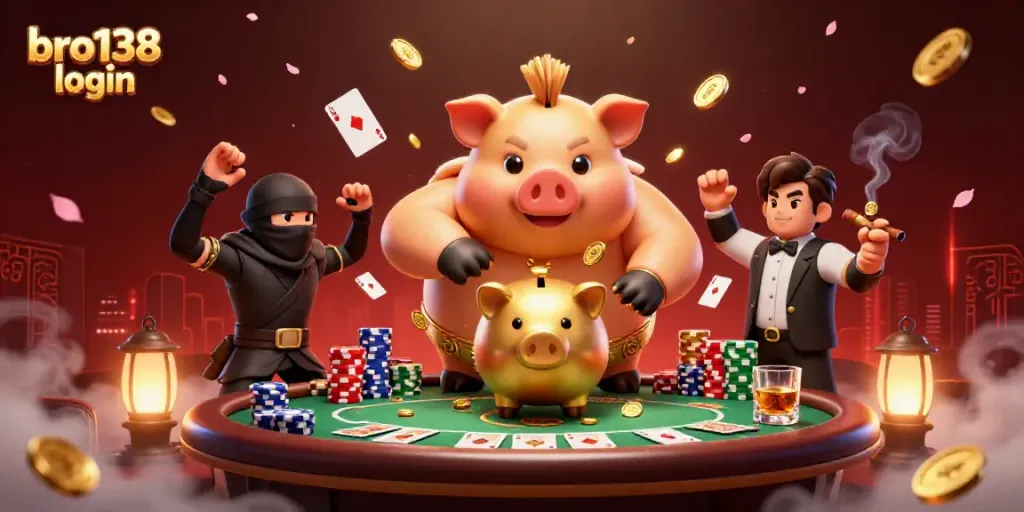 Experience the excitement of bro138 login with an action-packed poker scene featuring a piggy bank sumo wrestler.
