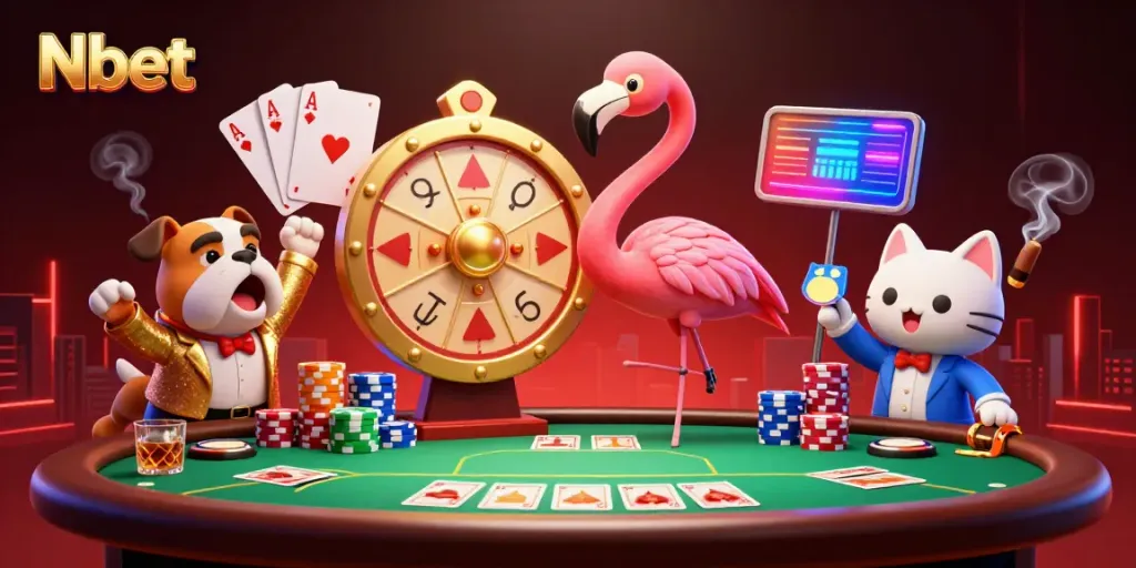 Excited contestants enjoy a captivating Nbet game show with a vibrant prize wheel and poker elements.