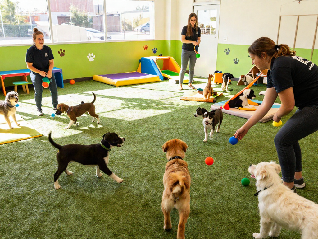 Engaging dog daycare with playful pets and staff interactions, showcasing slot depo 10k fun environment.