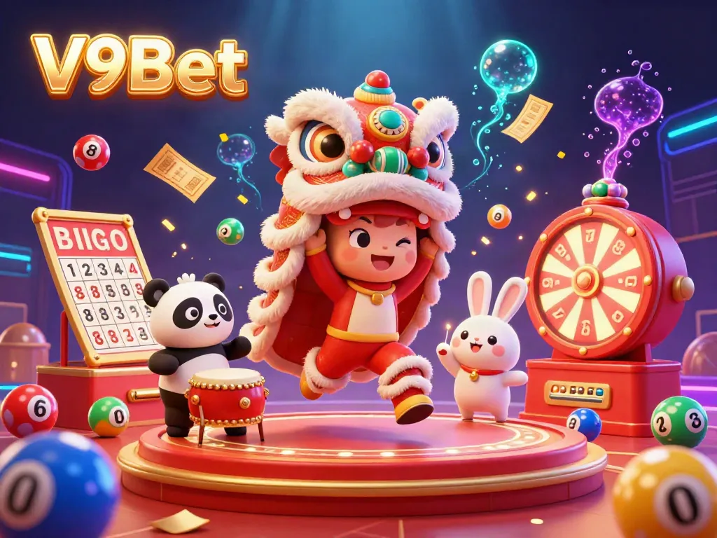 Experience the thrill of V9Bet with a vibrant casino scene featuring animated characters and rich casino elements.