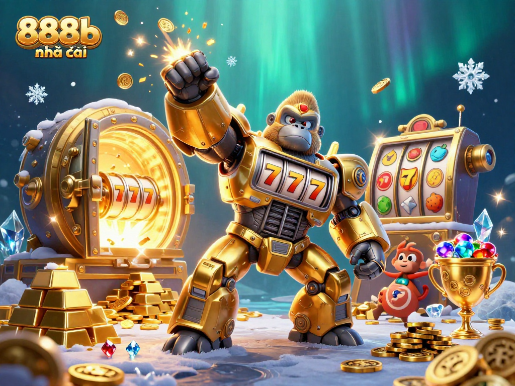 Experience the exhilarating world of 888b nhà cái with a dynamic 3D illustration featuring a golden gorilla mech and casino elements.