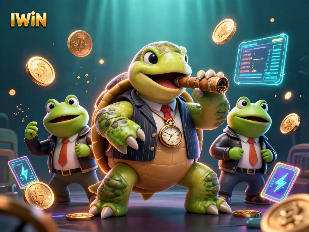 IWIN casino scene with a snapping turtle in a mobster suit and bullfrogs, enhancing the gaming atmosphere.