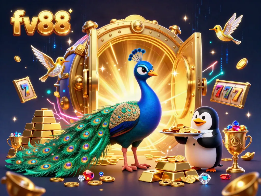 Win big at fv88 with a vibrant 3D scene showcasing characters and luxurious casino elements.