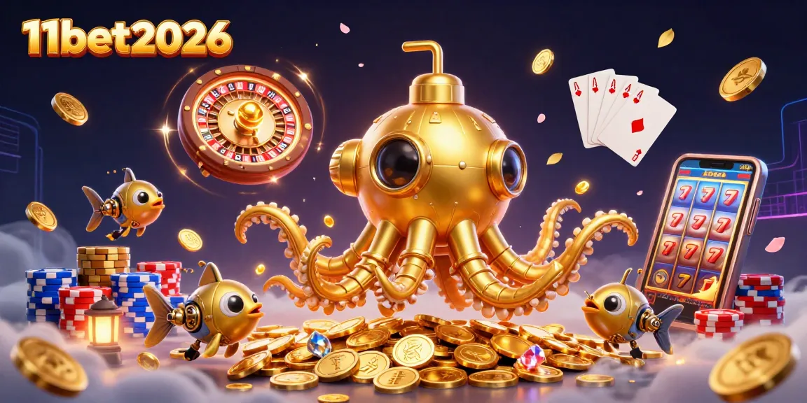 Engage with 11bet2026's exciting gaming scene featuring a golden kraken submarine and vibrant casino elements.