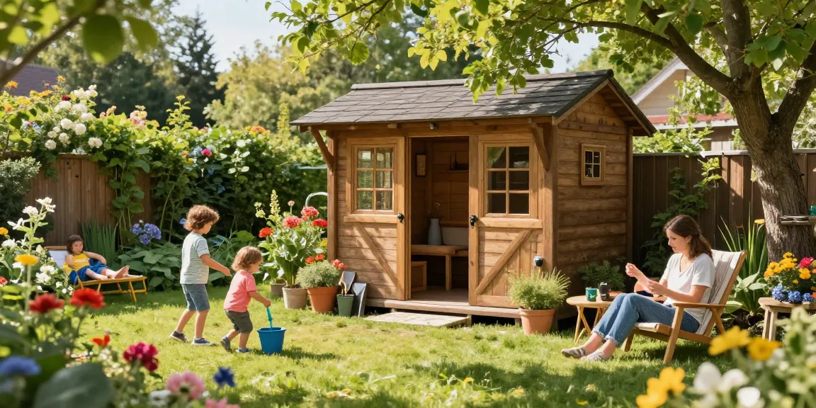 Ein gemütliches Gartenhaus umgeben von blühenden Blumen und spielenden Kindern im Garten.