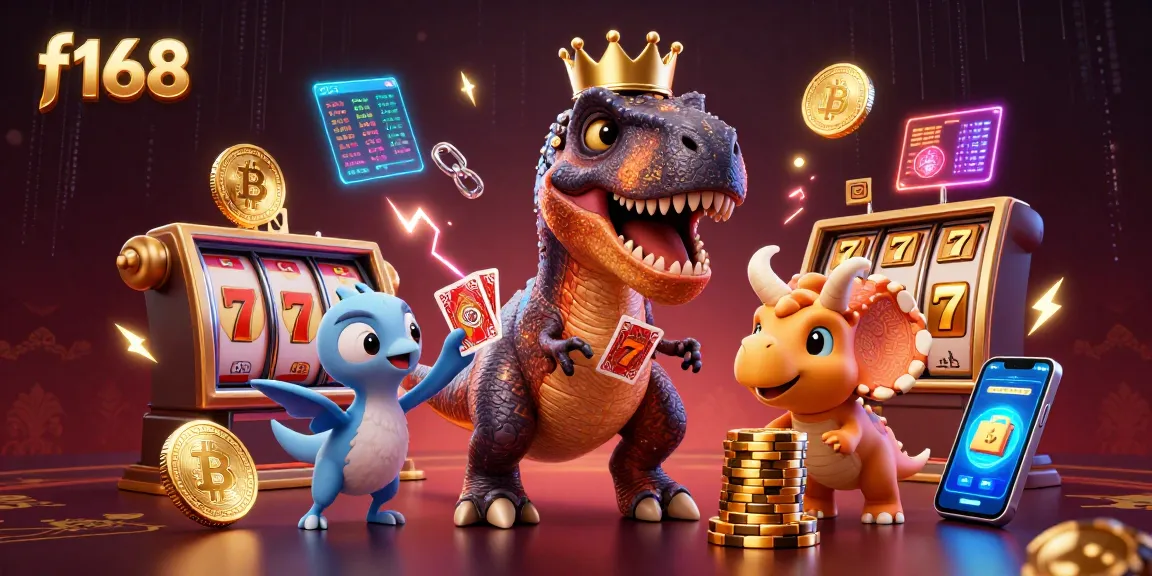 Engage with F168's vibrant casino scene featuring a T-Rex shuffling cards and a baby triceratops with golden chips.