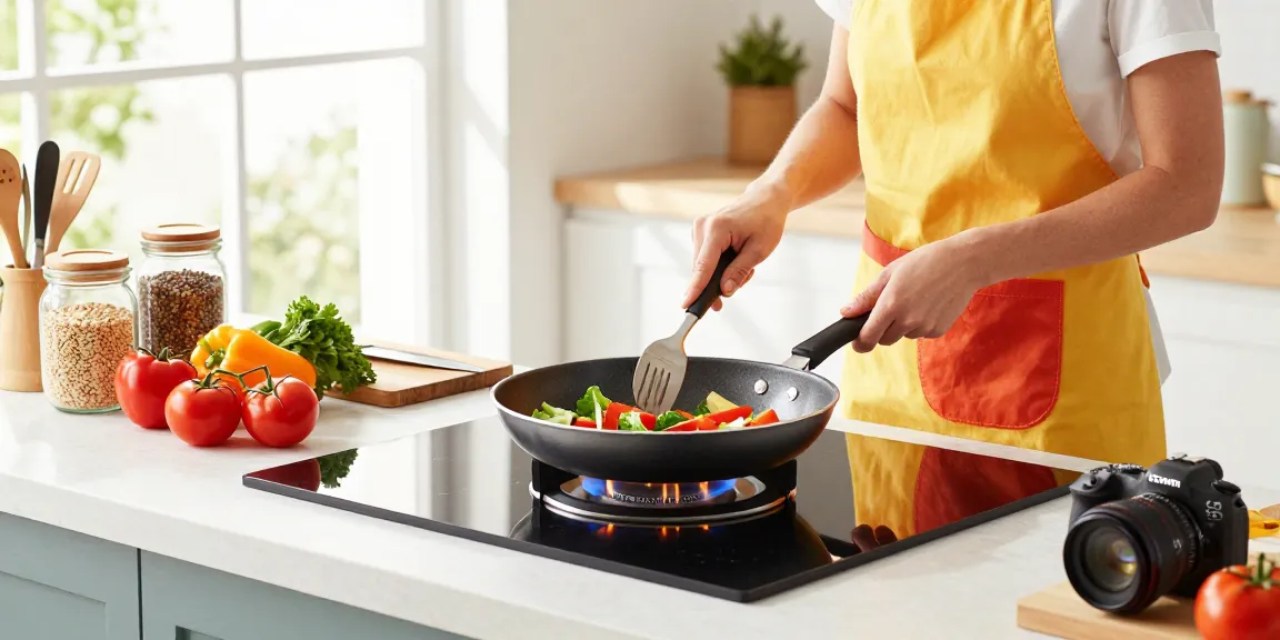 Kochen mit einer PTFE freien Pfanne, frisches Gemüse und lebendige Zutaten in einer hellen Küche.