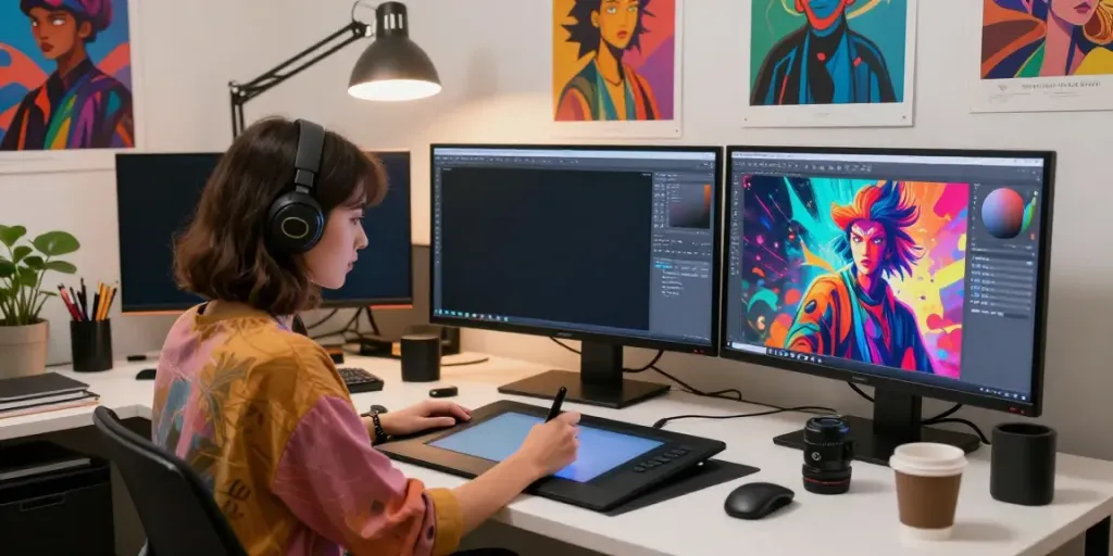 Artist creating 18+ AI visuals in a modern digital studio, showcasing creativity and inspiration.