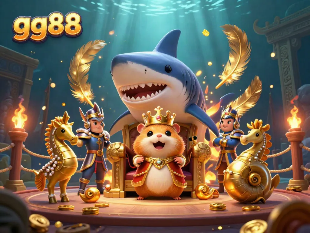 Experience thrilling betting action with gg88 in this vibrant 3D underwater scene featuring a golden hamster king and exciting casino elements.