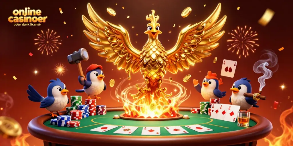 Engage in the thrill of online casinoer uden dansk licens with a vibrant 3D casino-themed illustration.