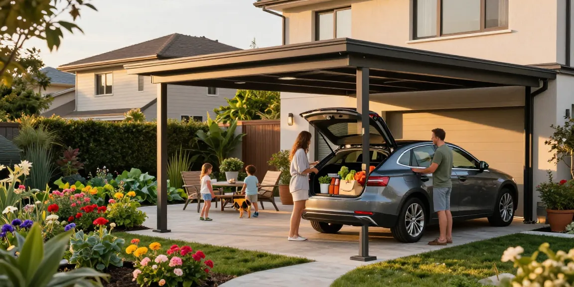 Moderner Carport in einem einladenden Garten mit spielenden Kindern.