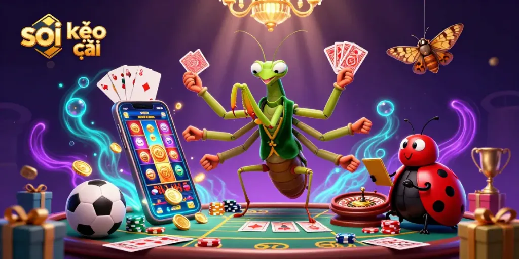 Soi kèo nhà cái reveals dynamic sports betting strategies with vibrant casino characters and thrilling game elements.