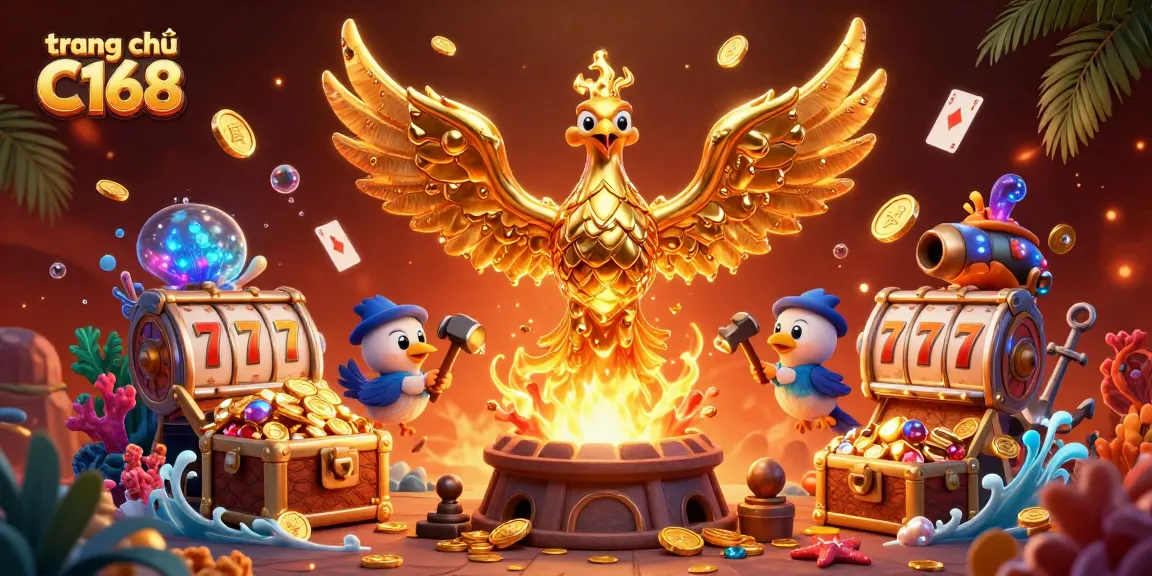 Play exciting games at trang chủ C168 while enjoying the vibrant 3D illustration of the golden phoenix.