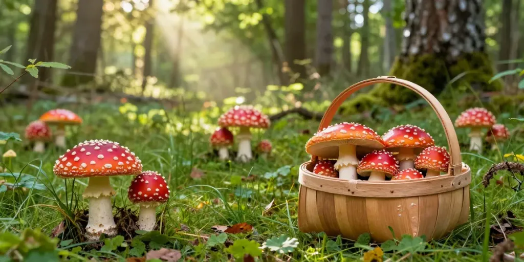 Fliegenpilz kaufen: Frisch gepflückte Amanita muscaria in einer malerischen Waldlandschaft.