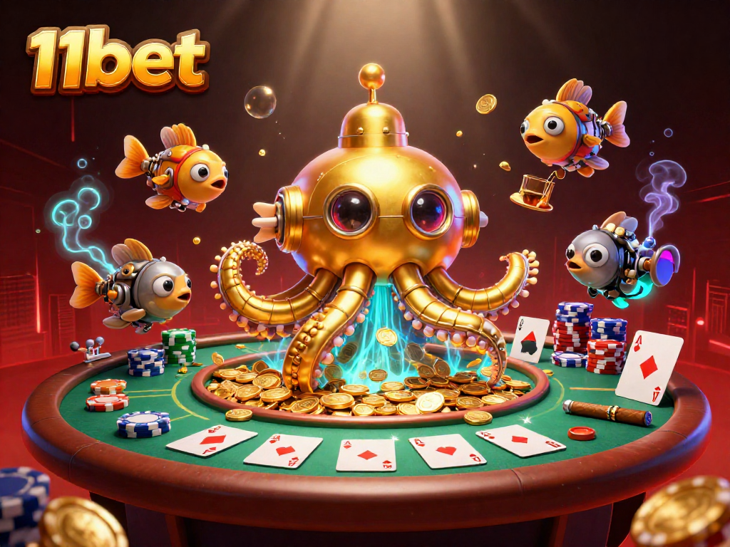 Engage with 11bet's thrilling casino adventure featuring a golden kraken submarine amidst poker elements.