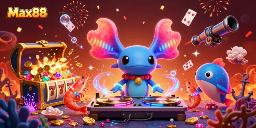Experience the excitement of Max88 with a vibrant underwater casino scene featuring an axolotl DJ and thrilling gaming elements.