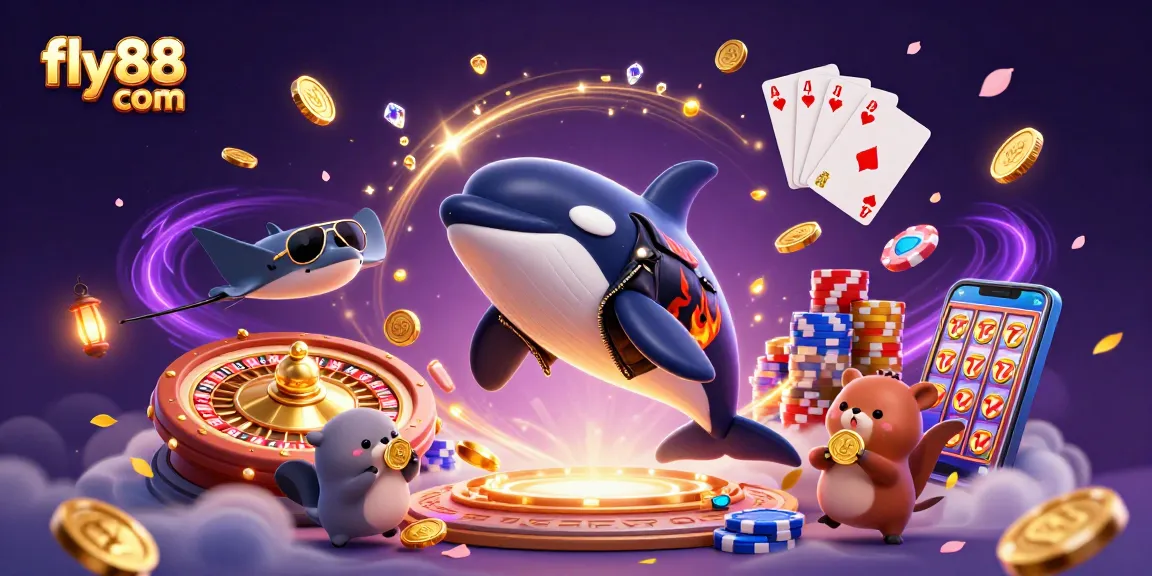 Experience thrilling wins at fly88 com with vibrant casino-themed 3D illustration showcasing orca and otters.