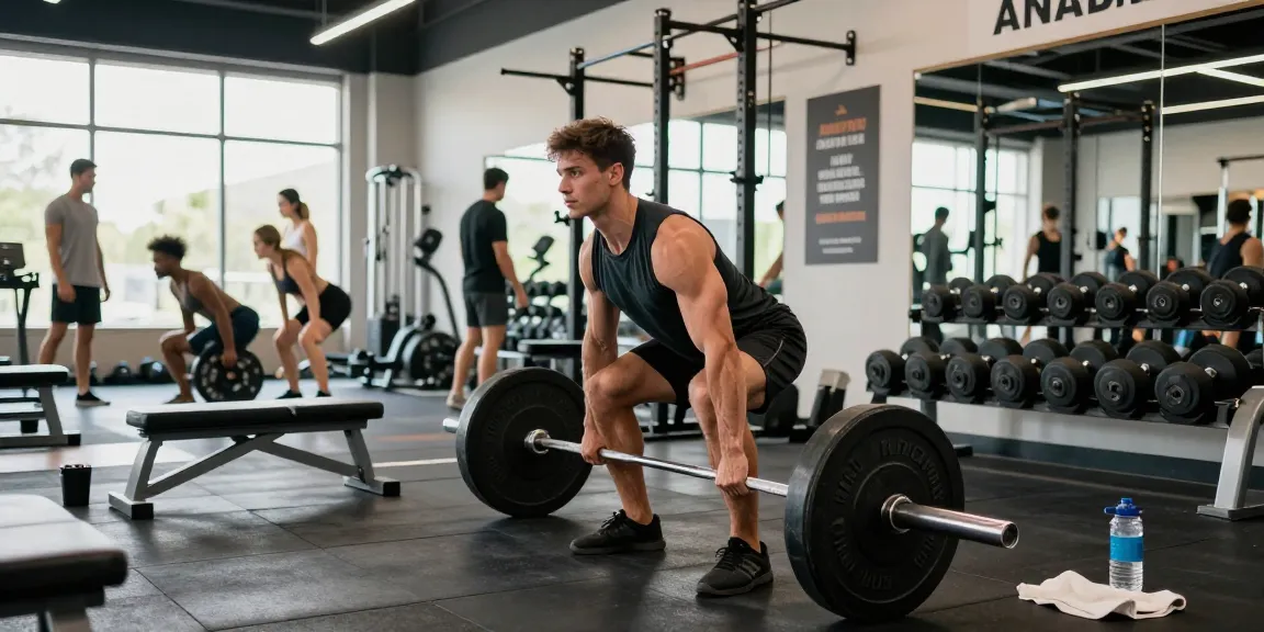 Anabolika Shop Fitness-Szene mit einem Mann, der Gewichte in einem lebhaften Fitnessstudio hebt und Stärke sowie Engagement zeigt.