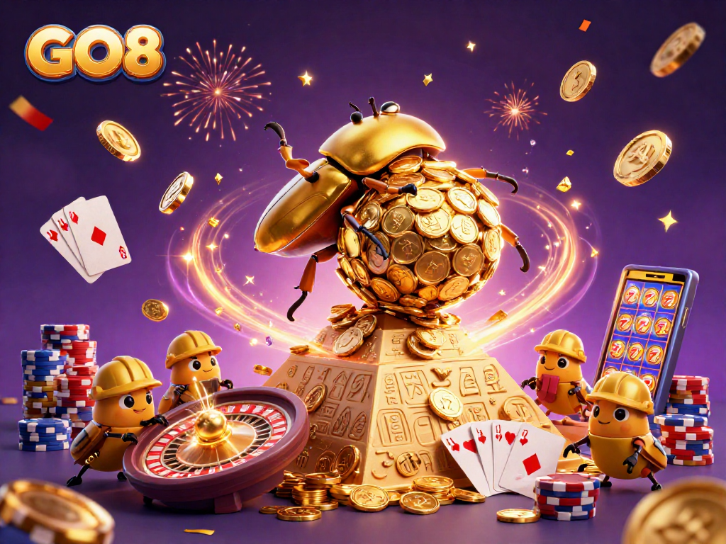Experience thrilling action with GO8 as the golden beetle rolls coins in a vibrant casino scene.