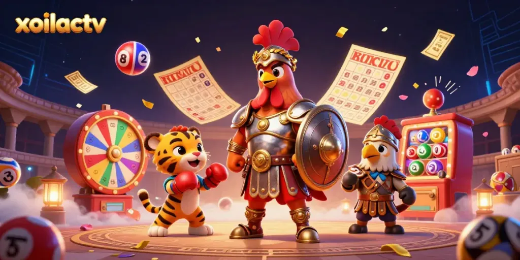 Xoilactv showcases a vibrant scene of a gladiator rooster, a sparring tiger cub, and lottery elements in a 3D illustration.