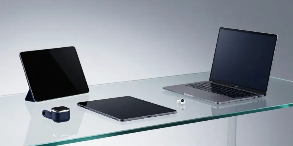 Gadgets und innovative Technologiegeräte in einem modernen Arbeitsumfeld.