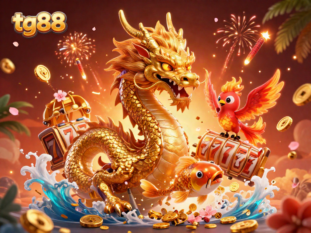 Experience the excitement of tg88 with vibrant slot reels, a golden dragon, and coins raining down.