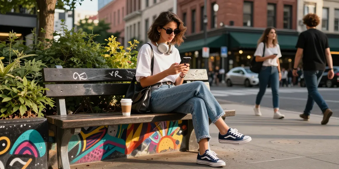 Weibliche Instagram Follower kaufen: Stilvolle Frau nutzt ihr Smartphone in einer urbanen Umgebung.