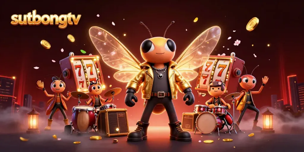 Sutbongtv showcases an electrifying 3D animated scene featuring a rock star cicada and vibrant slot elements for an engaging gambling experience.