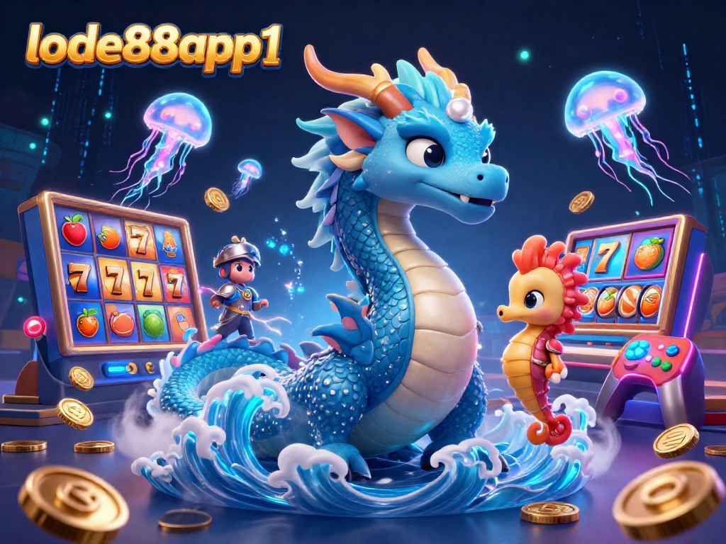 Experience the excitement of lode88app1 with a vibrant casino scene featuring a dragon and gaming elements.