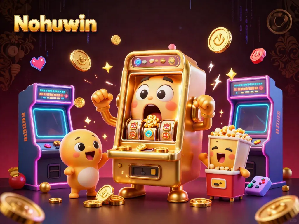 Nohuwin's golden slot machine celebrates a jackpot with cheering companions and festive gaming elements.