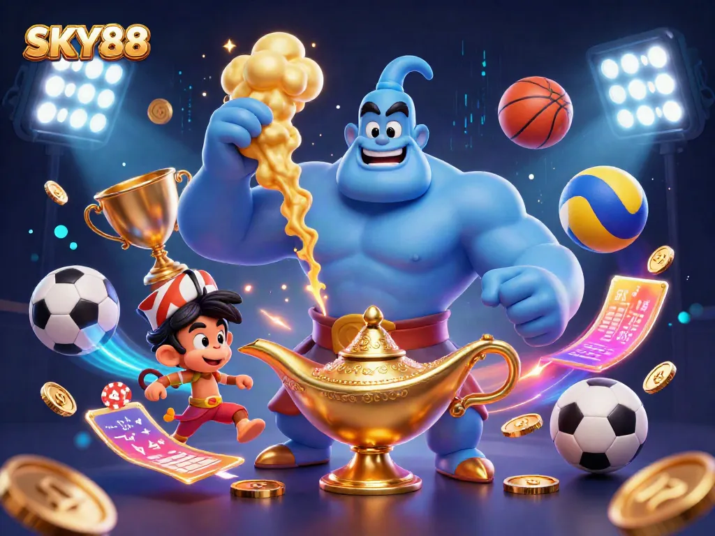 Bet on SKY88 with exhilarating gaming scenes featuring colorful characters and dynamic sports elements.