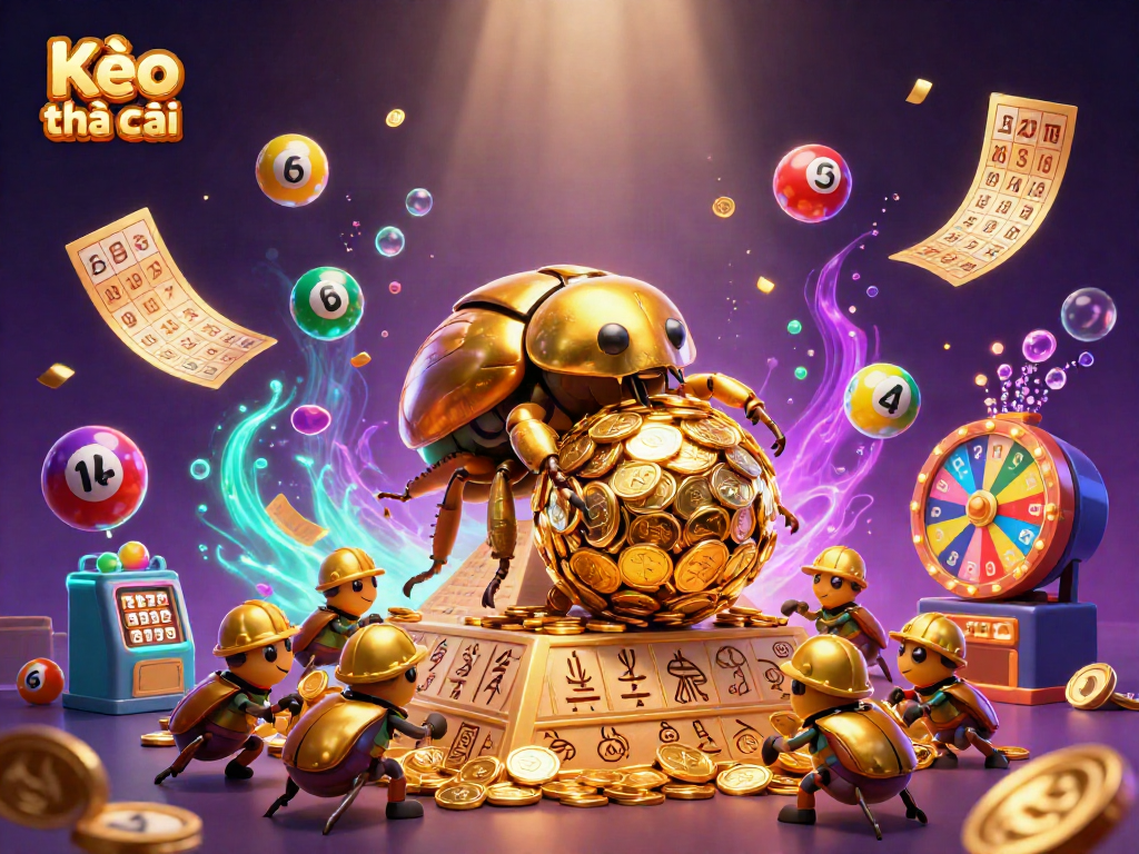 Kèo nhà cái showcases a golden beetle and dynamic lottery elements in a vibrant casino scene.