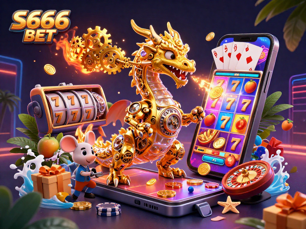 S666 BET players enjoy vibrant slot games with a golden dragon and dynamic gaming elements