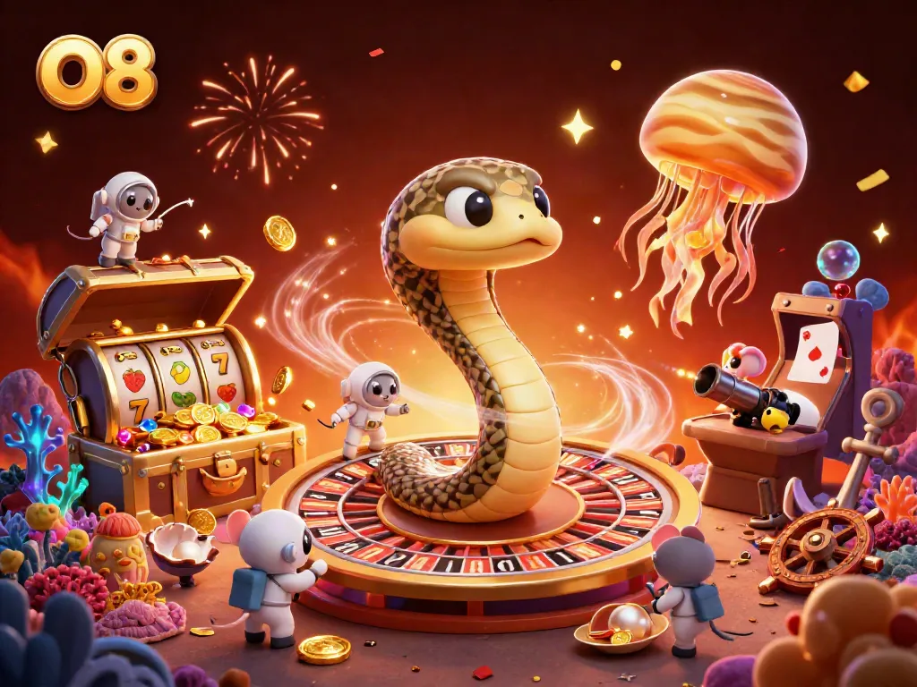 Experience the thrill of O8 with a dynamic 3D scene featuring a cosmic casino atmosphere and engaging gameplay elements.