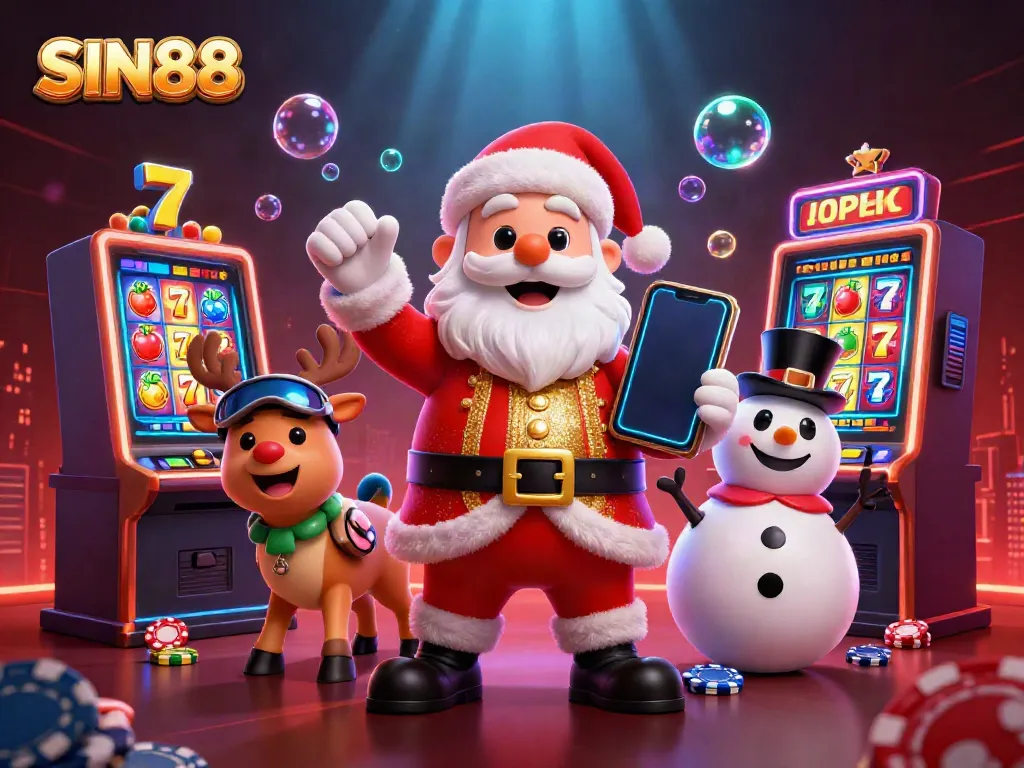 Experience thrilling games with SIN88 as Santa celebrates jackpots beside his reindeer and snowman pals.